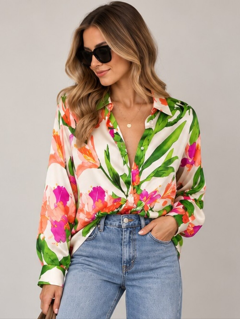 ZARA (65$) | Oversized Tropical Floral Satin Button-Down Shirt, Size L